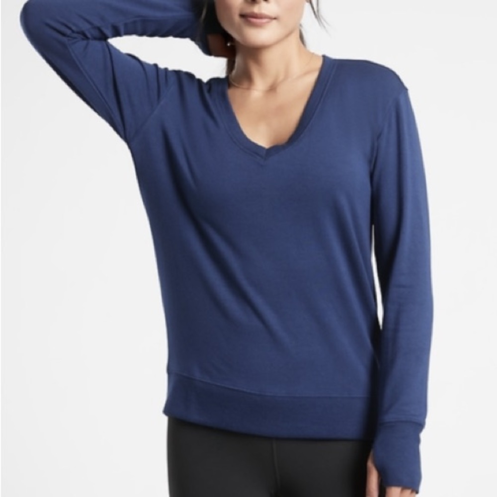 Athleta Sunrise V Neck Sweatshirt S Small Enchanted Blue Long Sleeve Modal Top